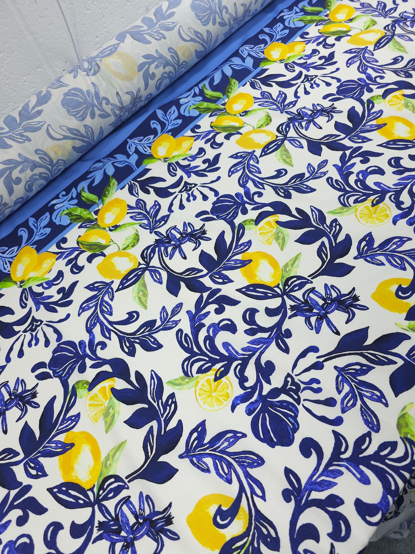 Blue/White Lemon Floral Lightweight Cotton - 1.70m Panel