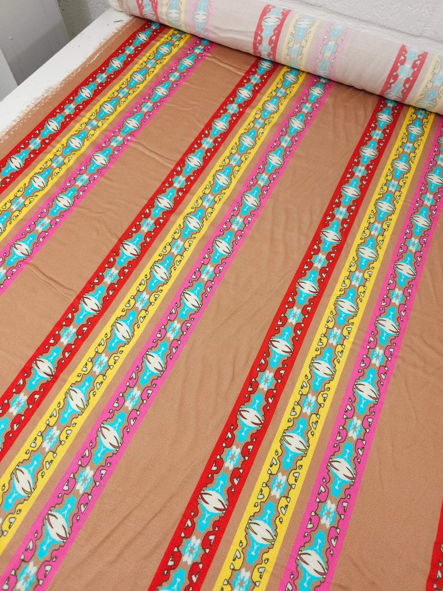 Terracotta Multi Abstract Stripe Viscose Satin