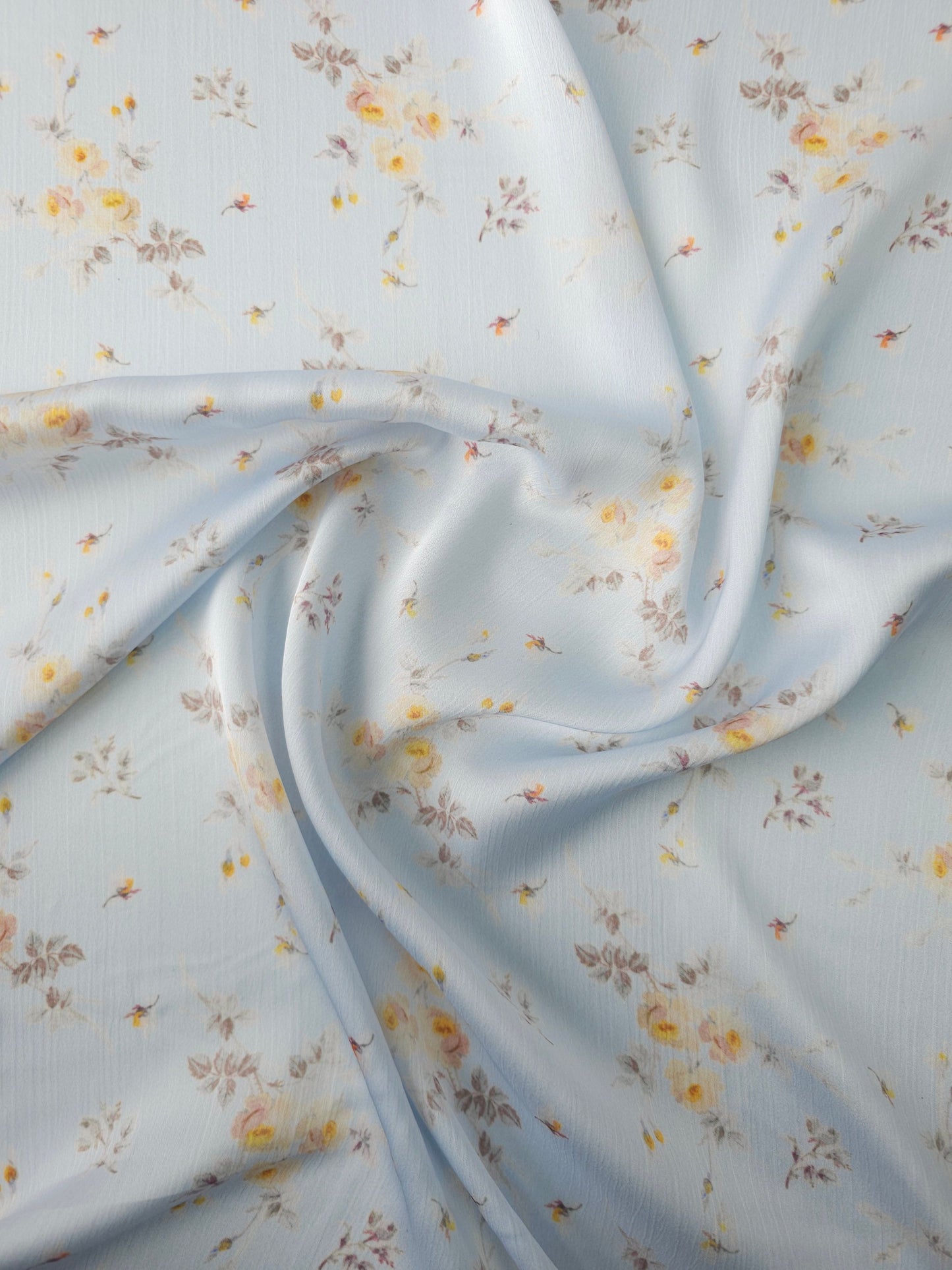 Pale Blue Vintage Floral Crinkle Poly Satin