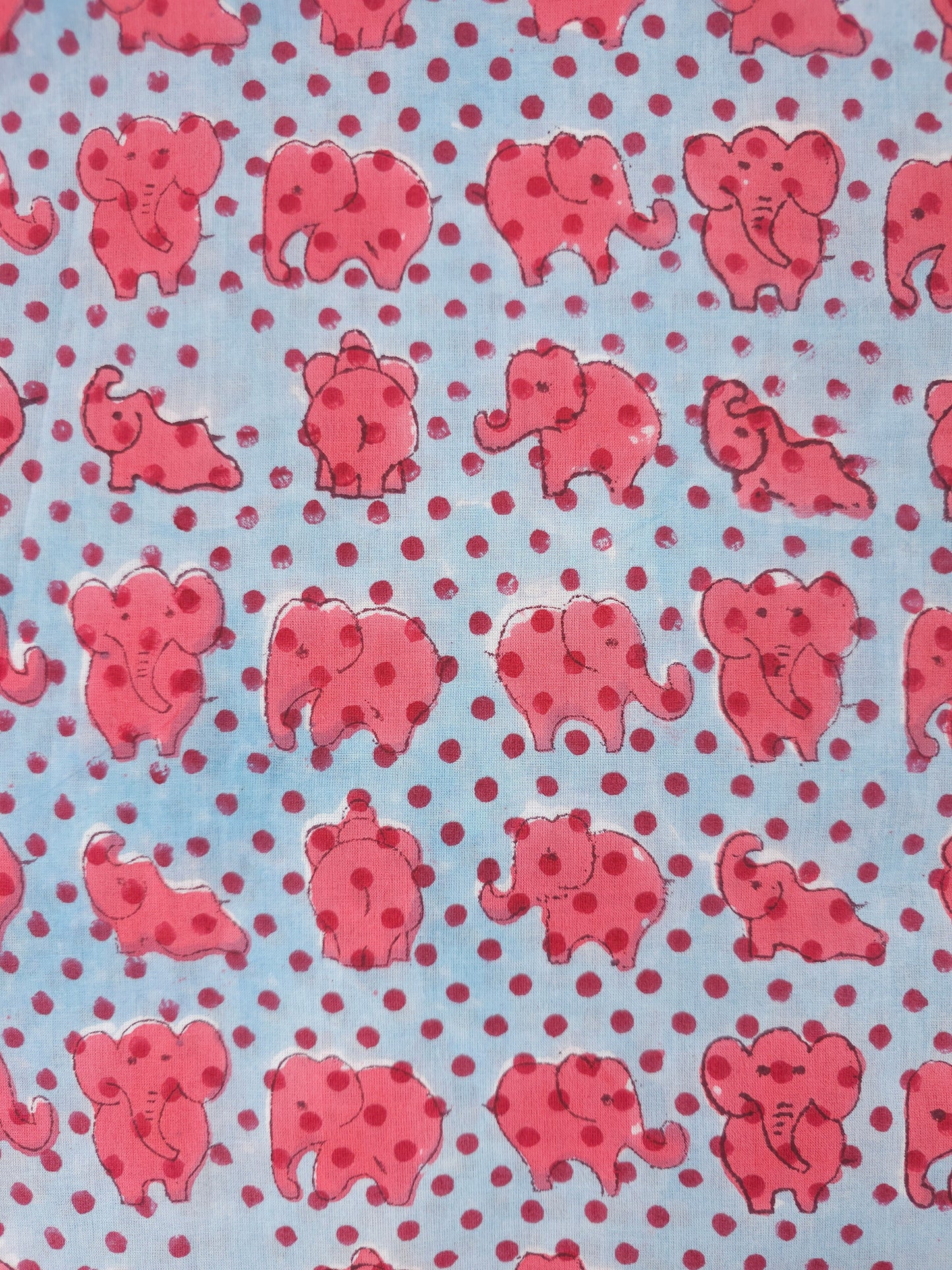 Guava Pink/Blue Polka Baby Elephant Block Print Cotton