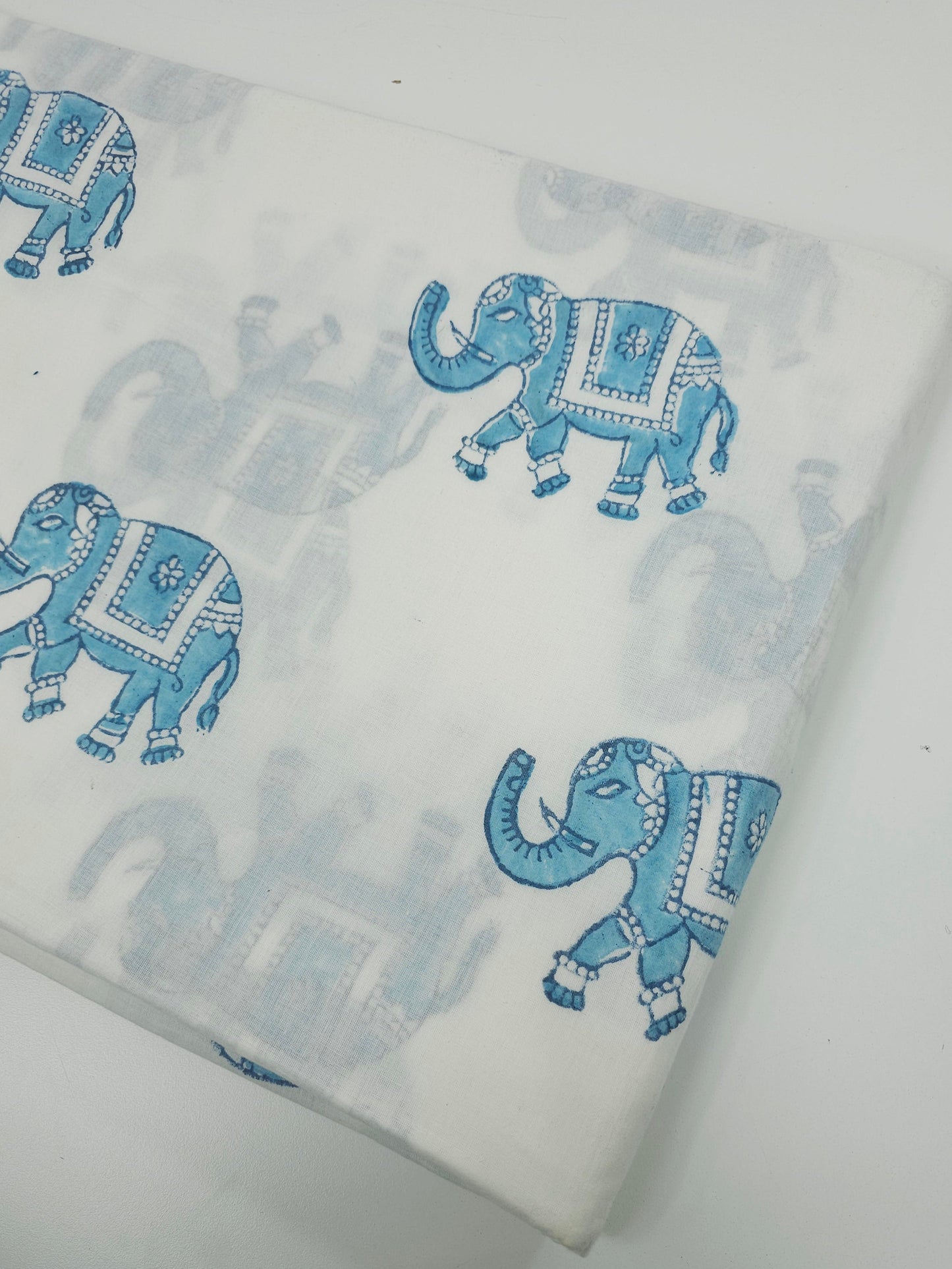 Light Blue/White Elephant Block Print Cotton