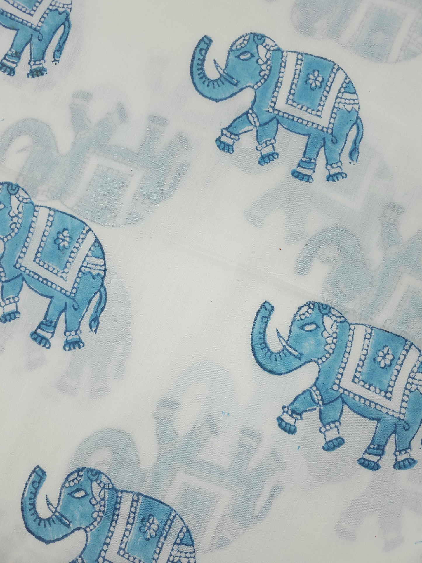 Light Blue/White Elephant Block Print Cotton