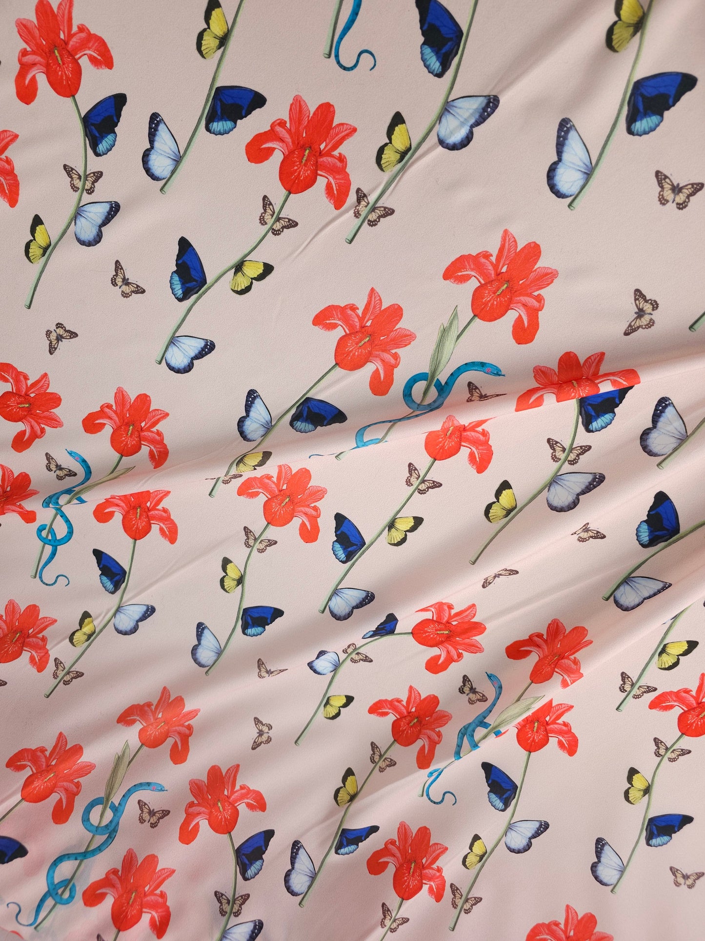 Light Blush Butterfly Floral Poly Crepe
