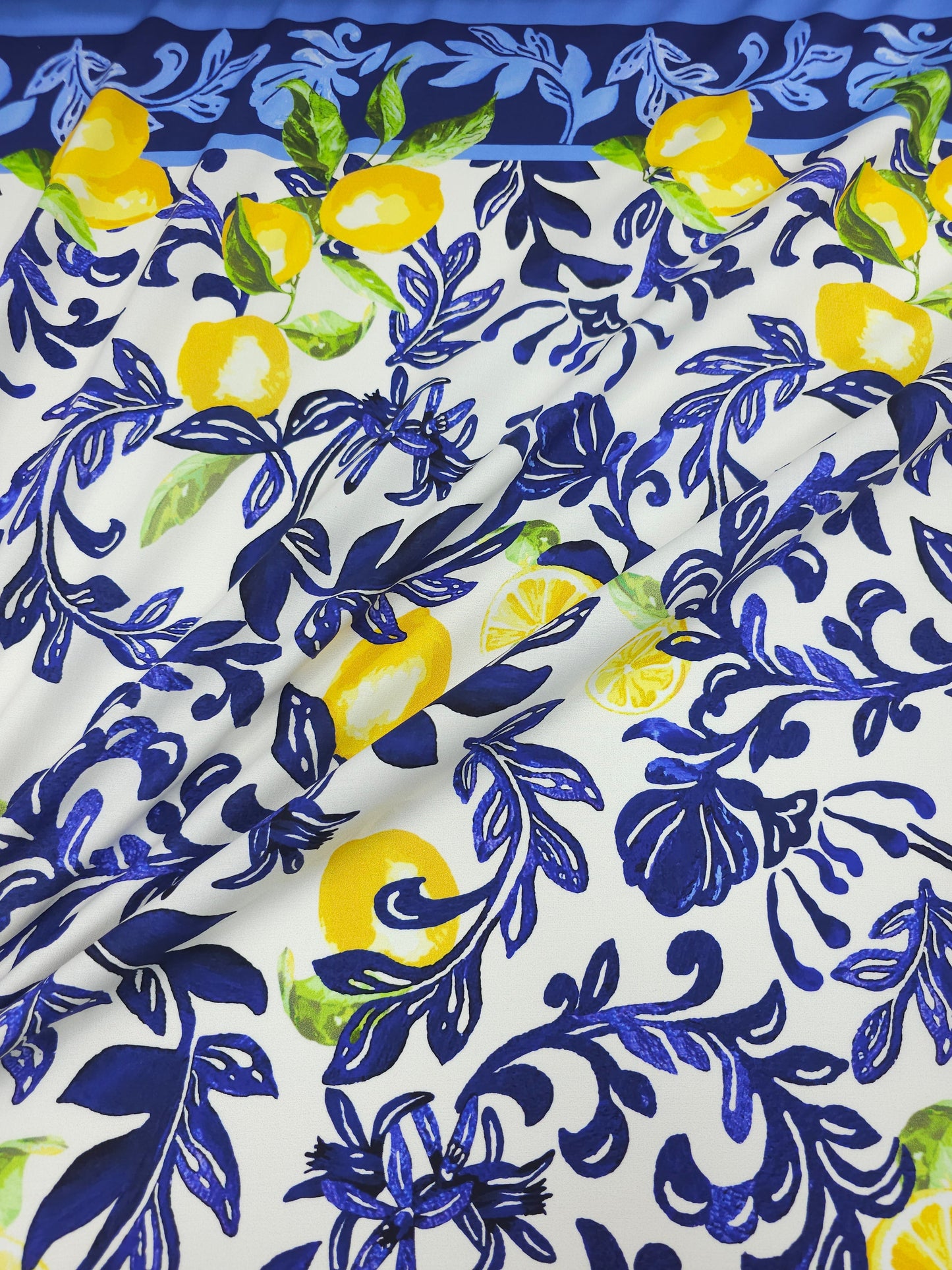 Blue/White Lemon Floral Lightweight Cotton - 1.70m Panel