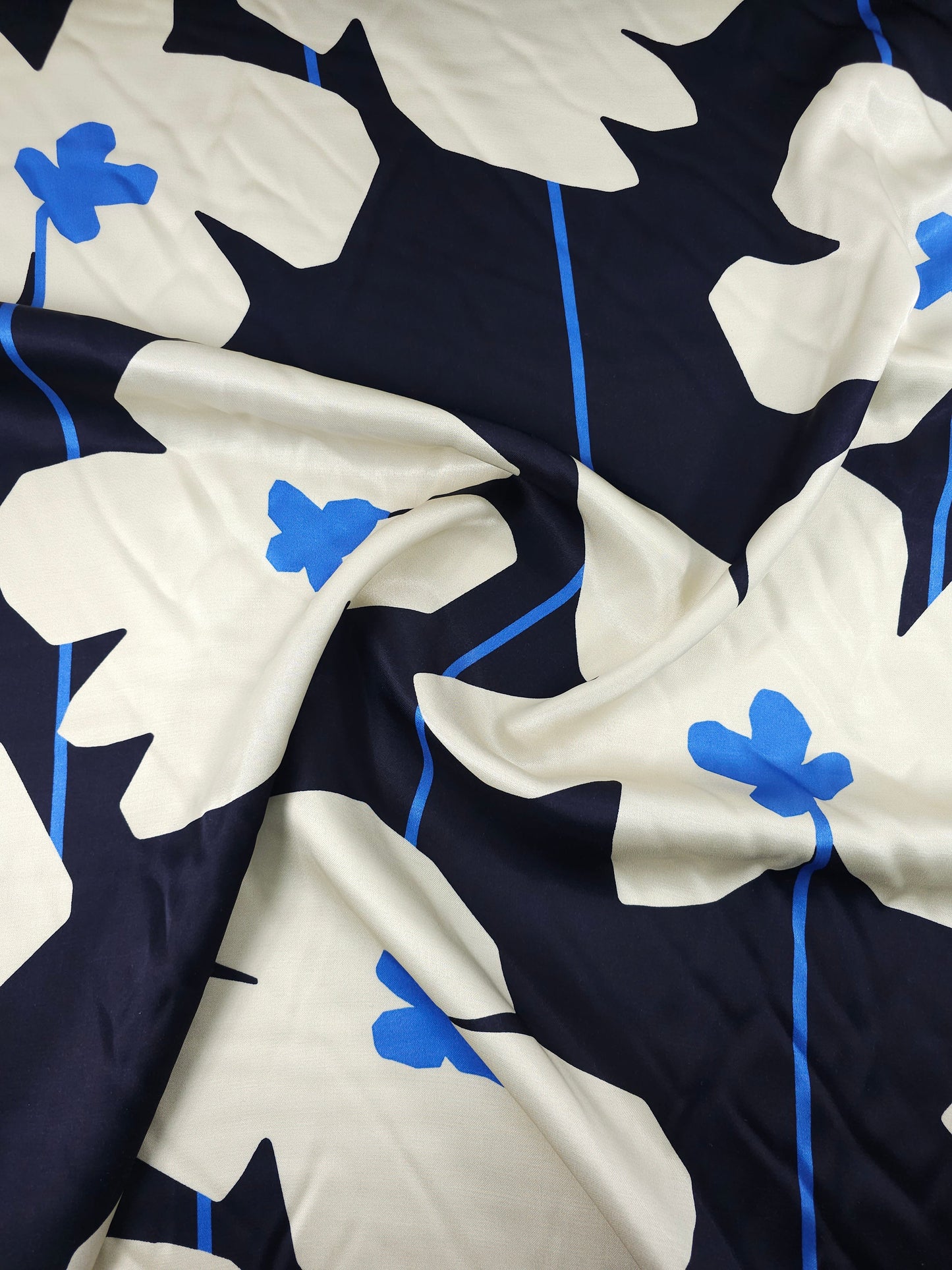 Navy Large Flower Stem Viscose Satin