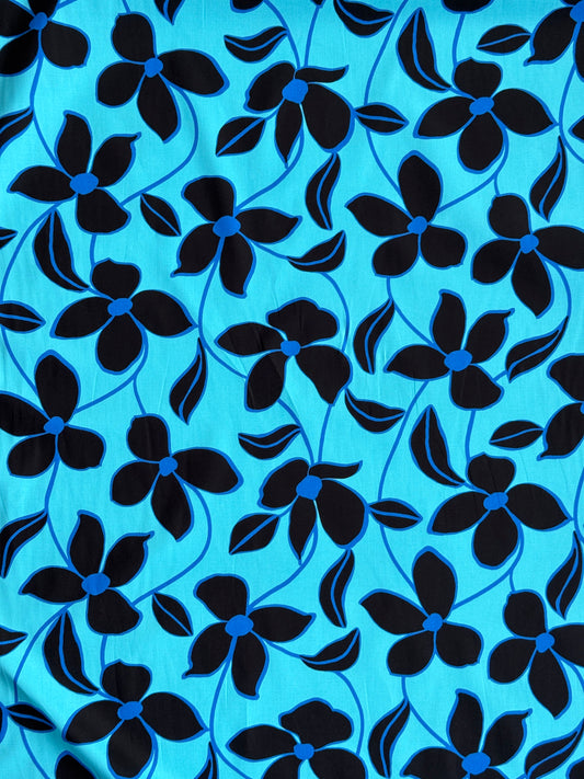 Turquoise Blue Floral Vine Cotton Poplin