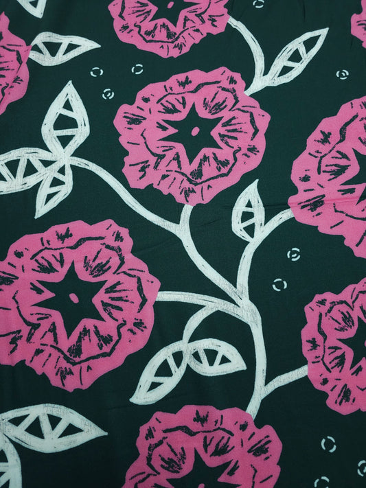Forest Green/Pink Large Abstract Rose Twine Viscose Challis