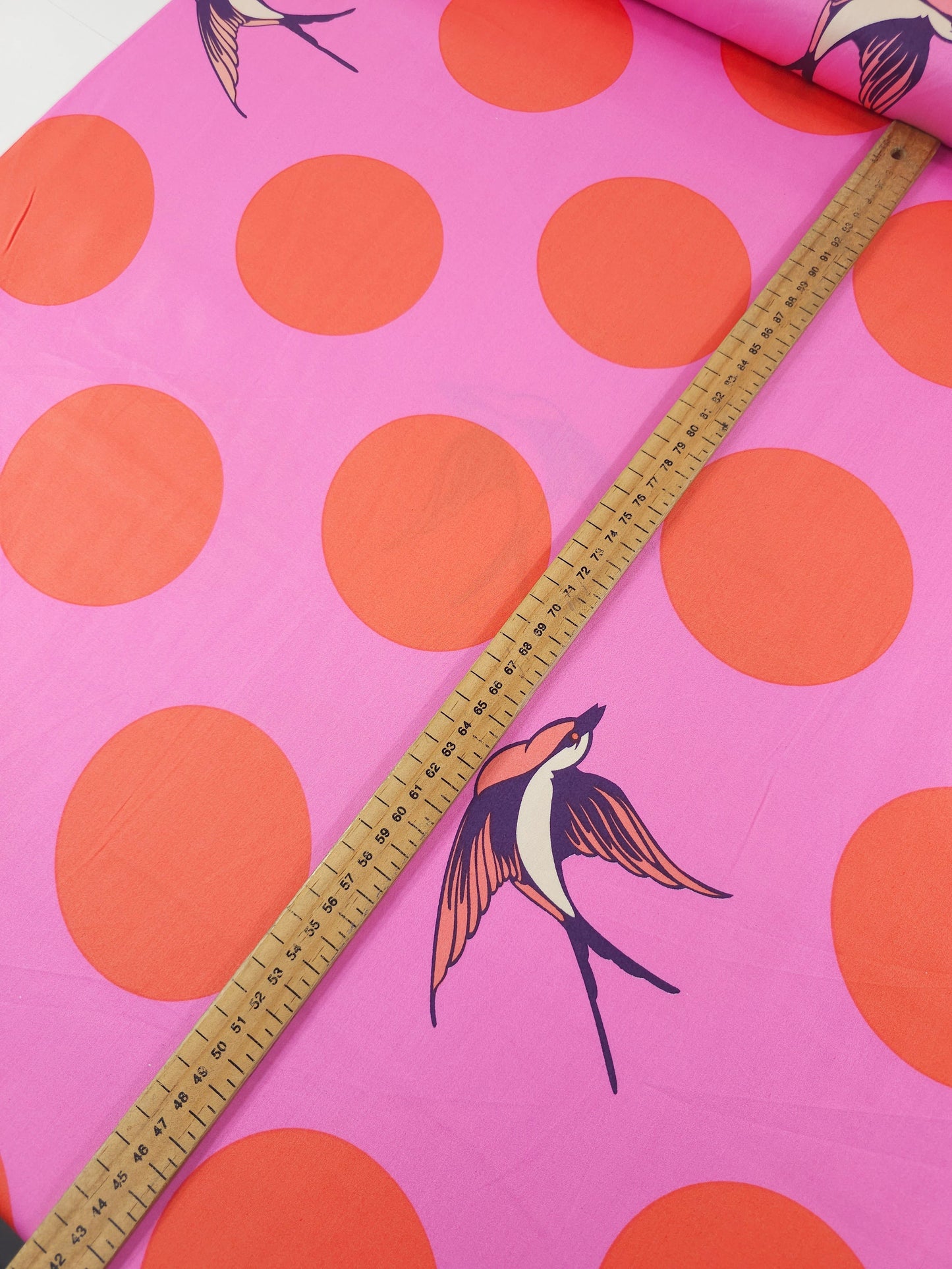 Orangey Red/Pink Free Fall Bird Polka Cotton Sateen 103” - Tula Pink (Various Sizes)