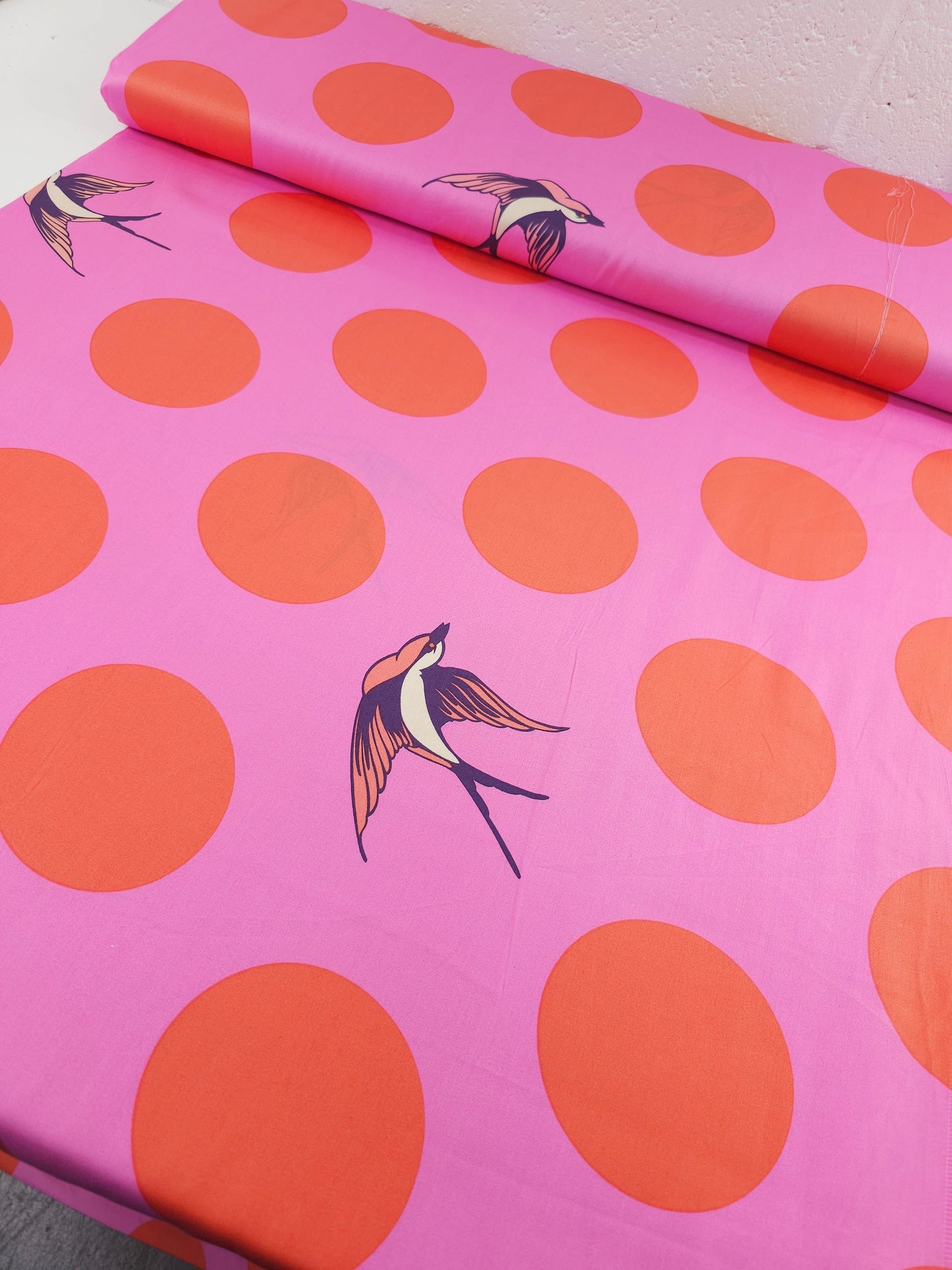 Orangey Red/Pink Free Fall Bird Polka Cotton Sateen 103” - Tula Pink (Various Sizes)