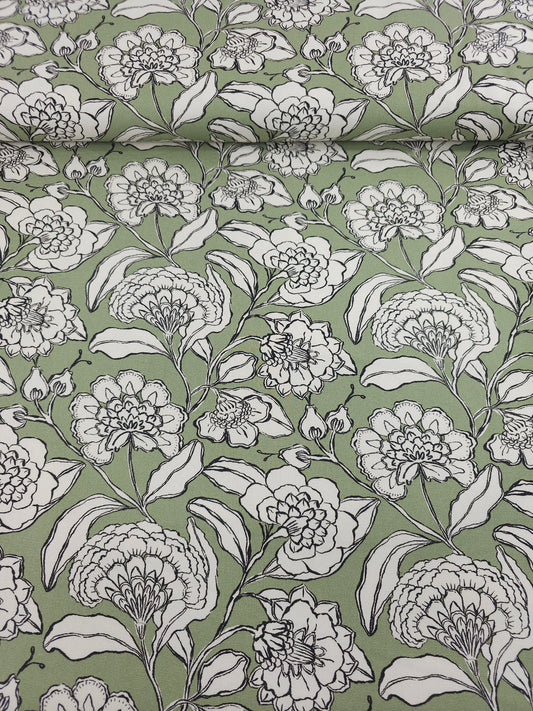 Sage Green Sketch Floral Lightweight Canvas Cotton