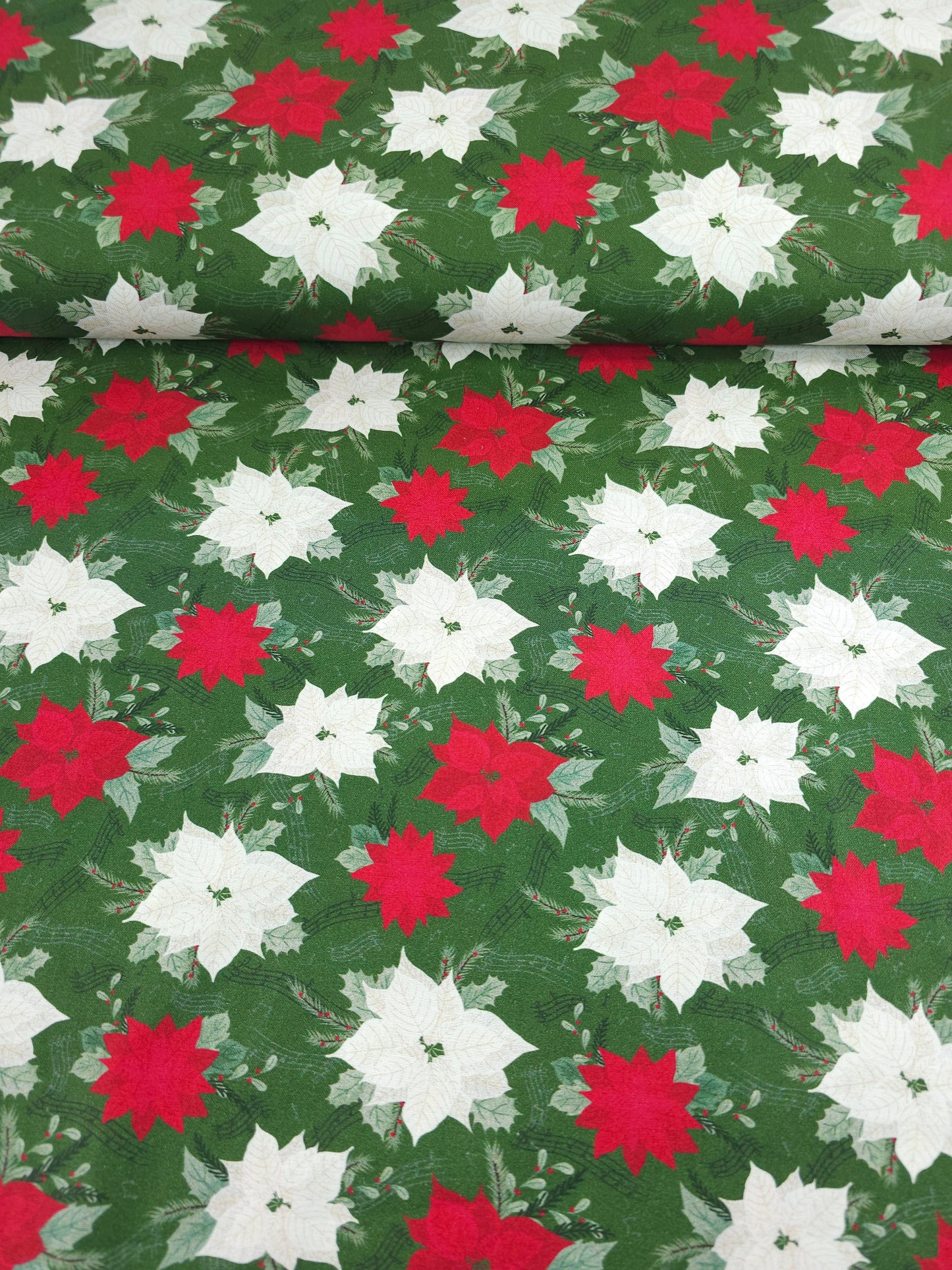Red/White Musical Poinsettia Floral 100% Cotton