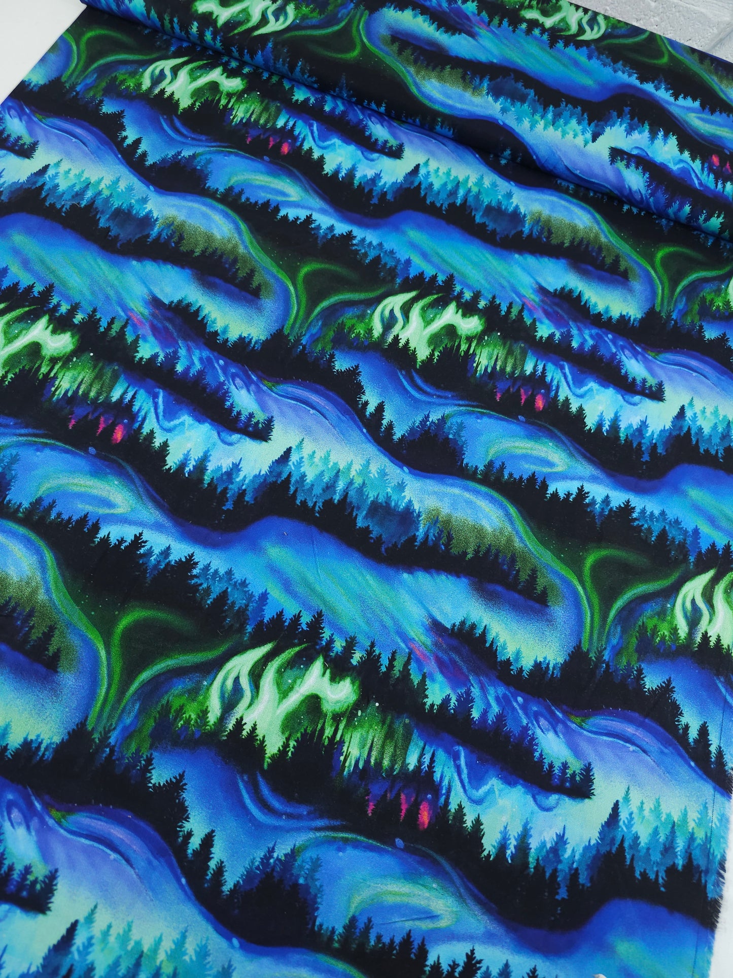 Green/Blue Northern Lights Forest 100% Cotton