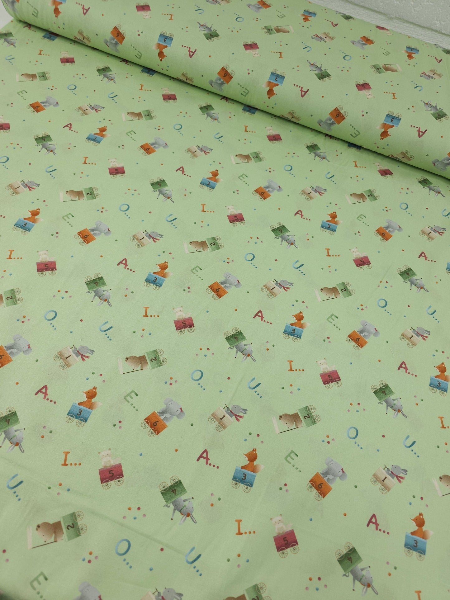 Pastel Green Novelty Alphabet 100% Cotton