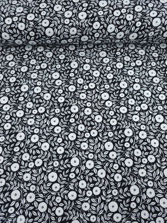 Black/White Puff Leaf Bloom 100% Cotton - Benartex