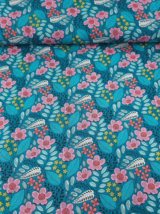 Teal Flouresence Floral 100% Cotton - Benartex