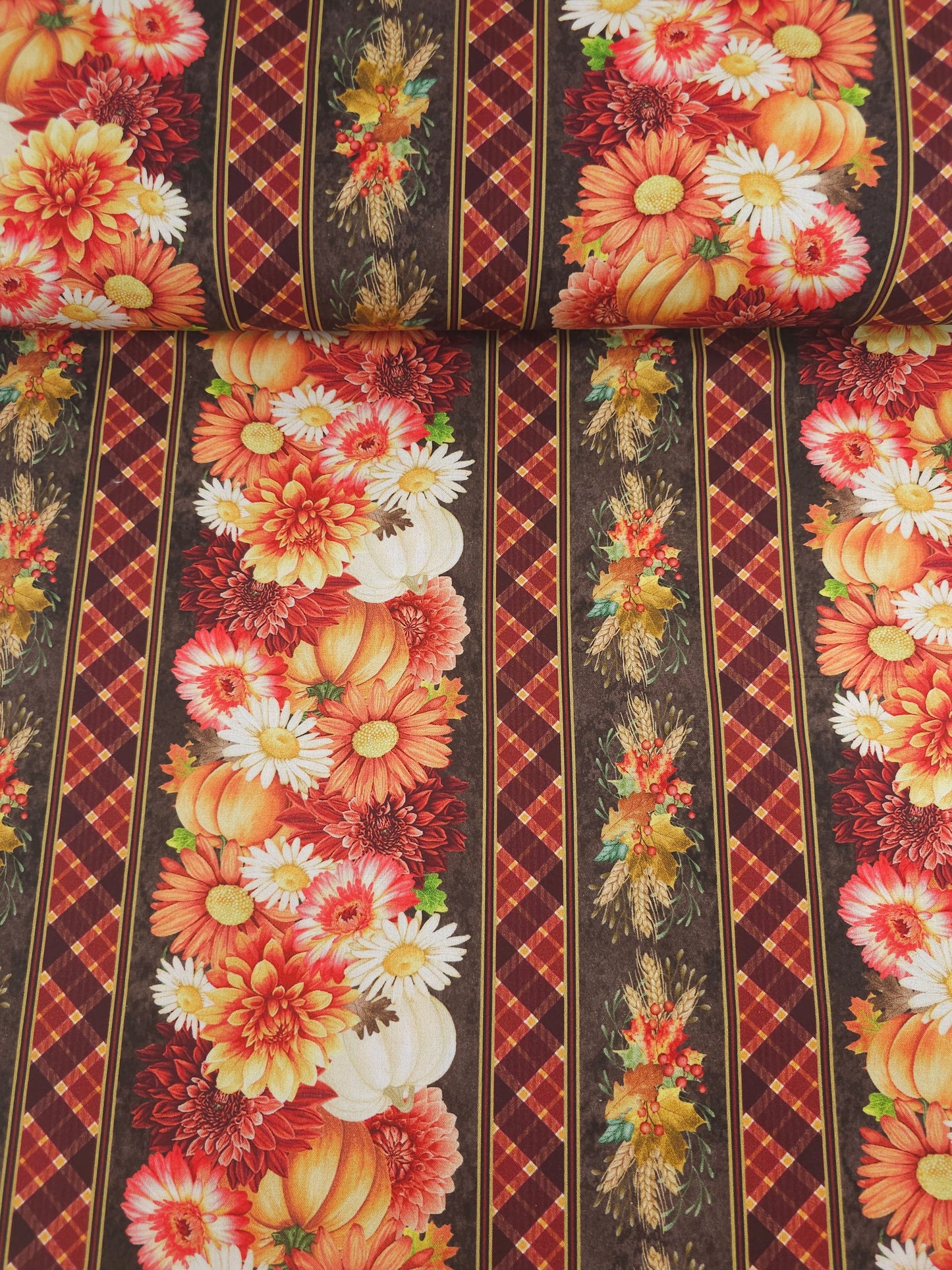 Pumpkin Floral Border Stripe 100% Cotton