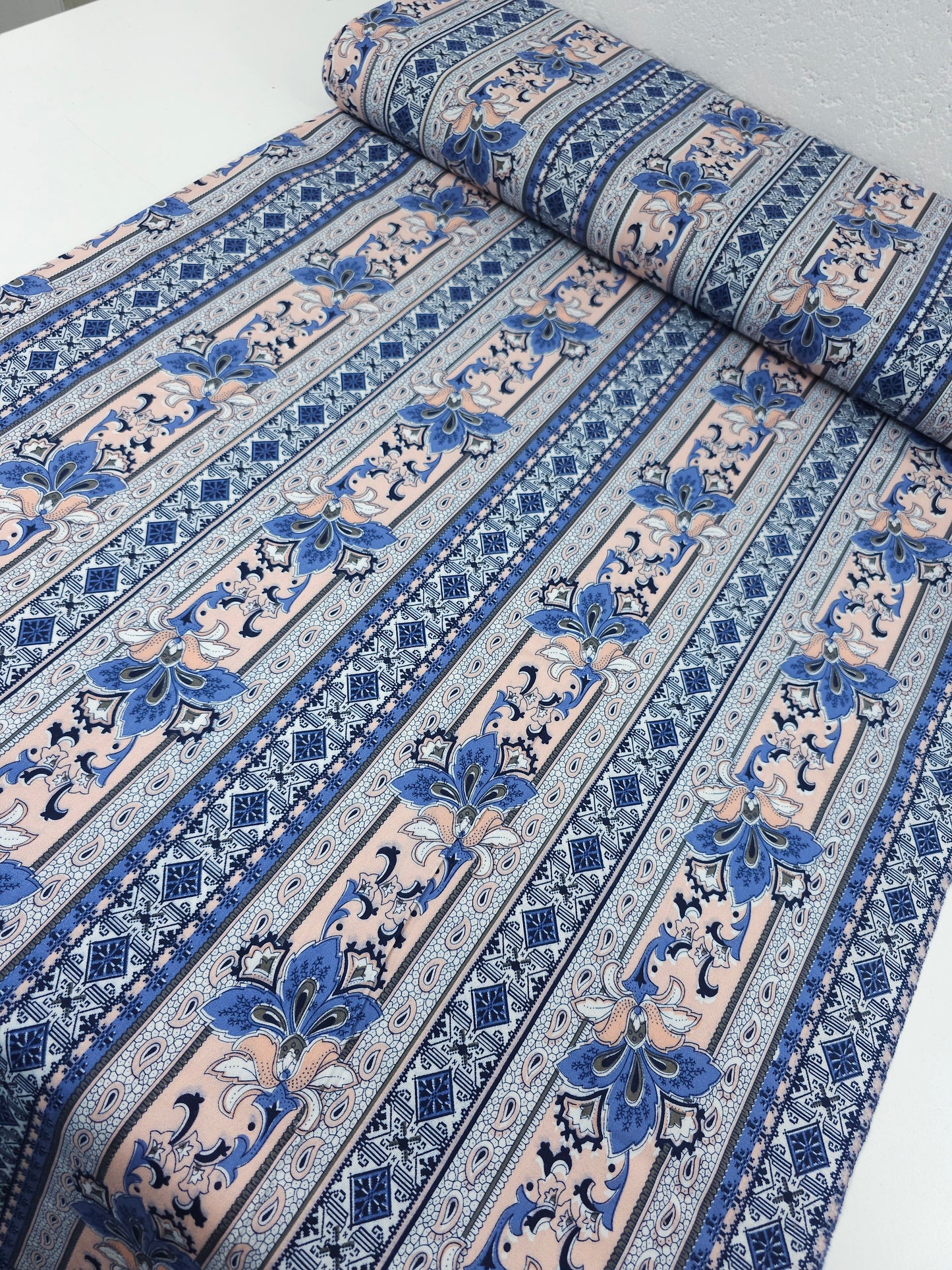 Pinky Peach/Blue Paisley Stripe Brushed Cotton