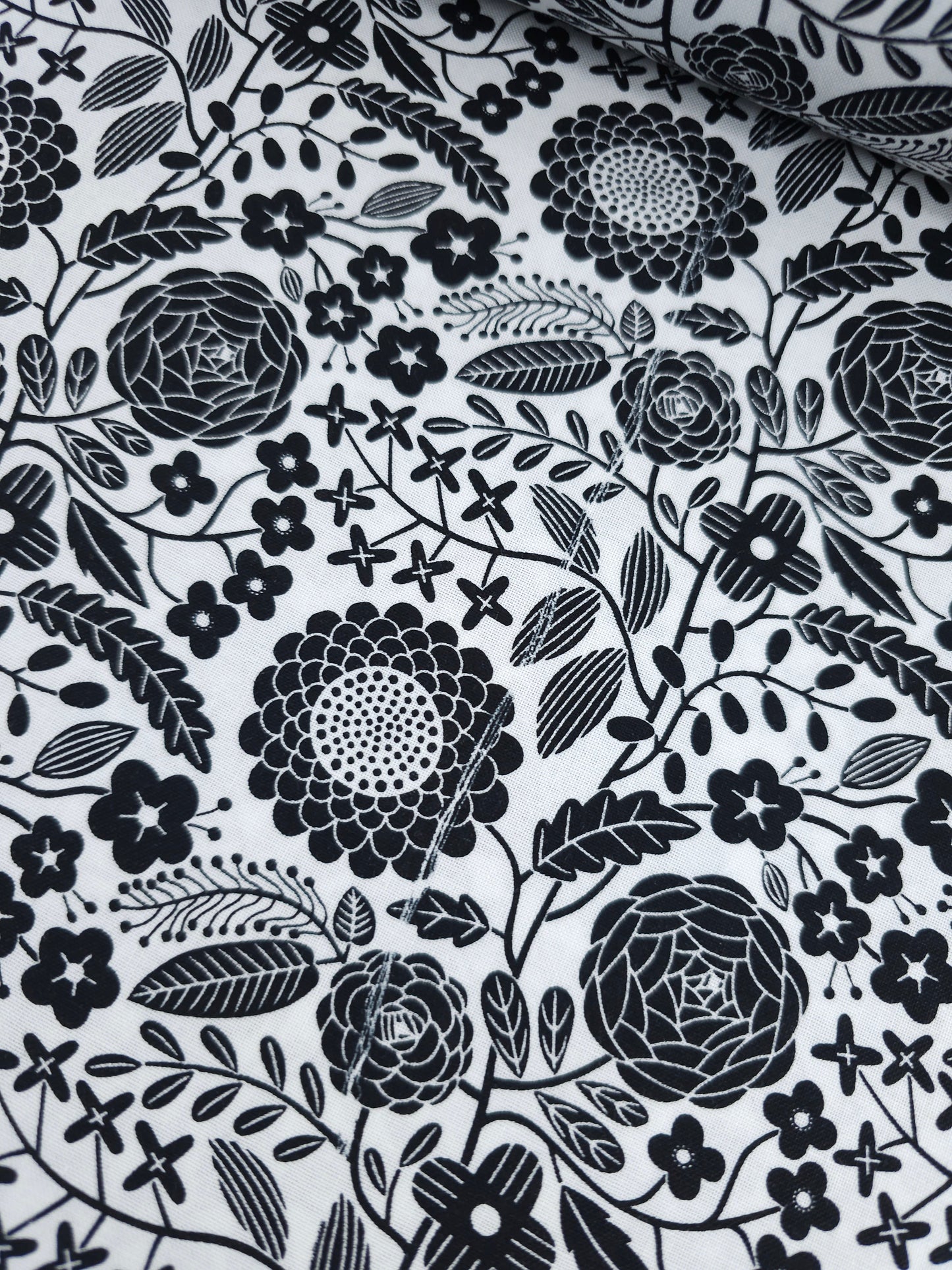 Black/White Floral Bloom 100% Cotton - Benartex *DEFECT*