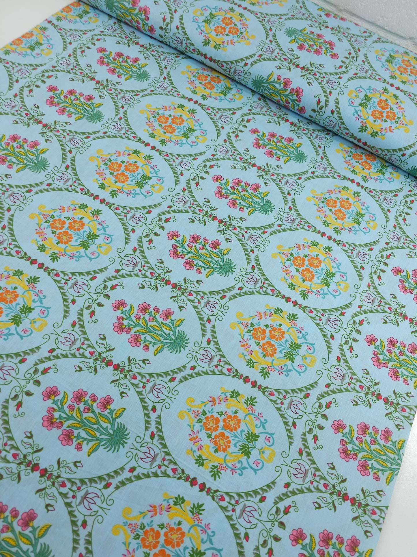 Light Blue Vintage Floral Opulence 100% Cotton 102" *EXTRA WIDE*