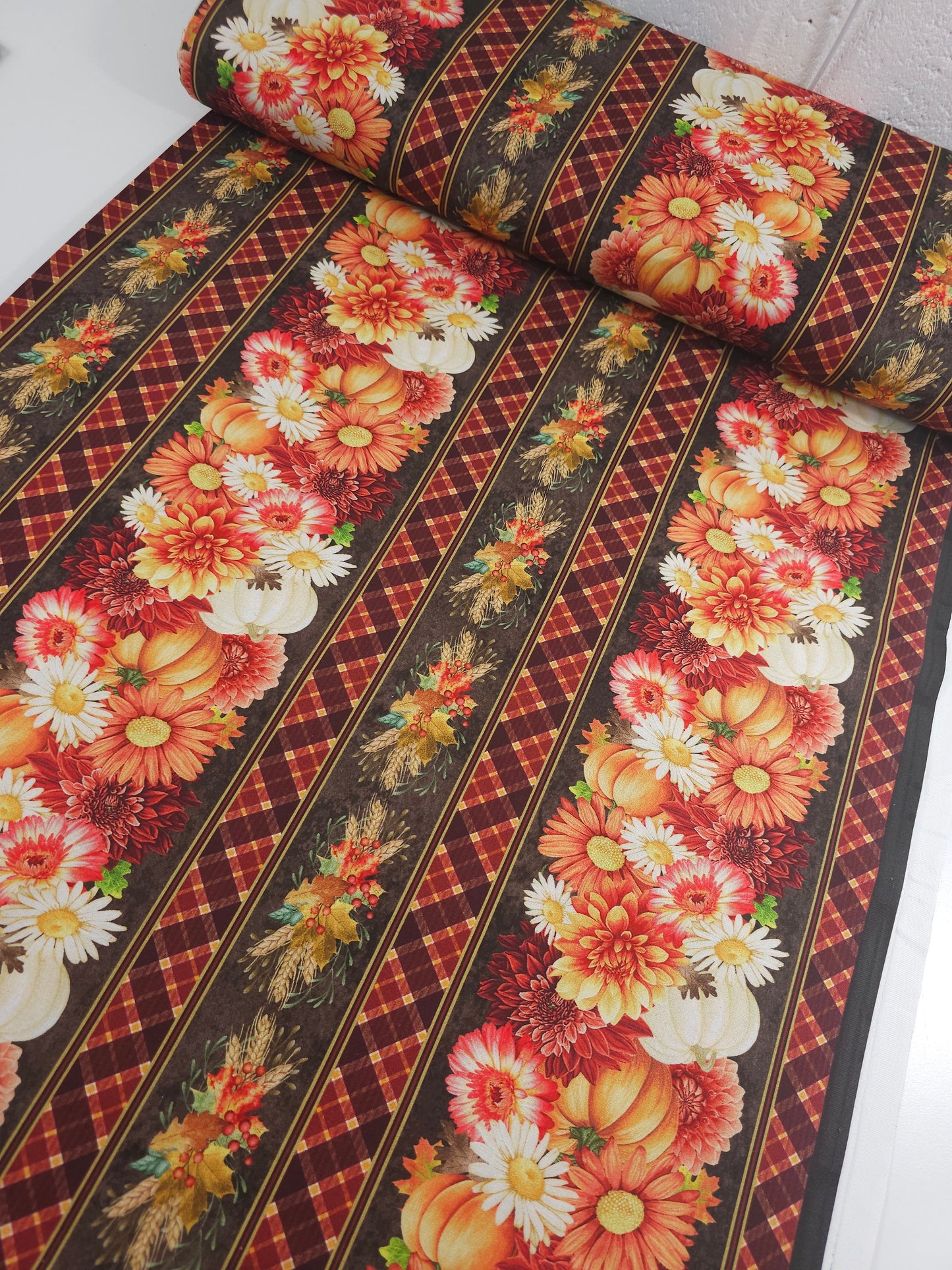 Pumpkin Floral Border Stripe 100% Cotton