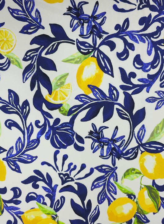 Blue/White Lemon Floral Lightweight Cotton - 1.70m Panel