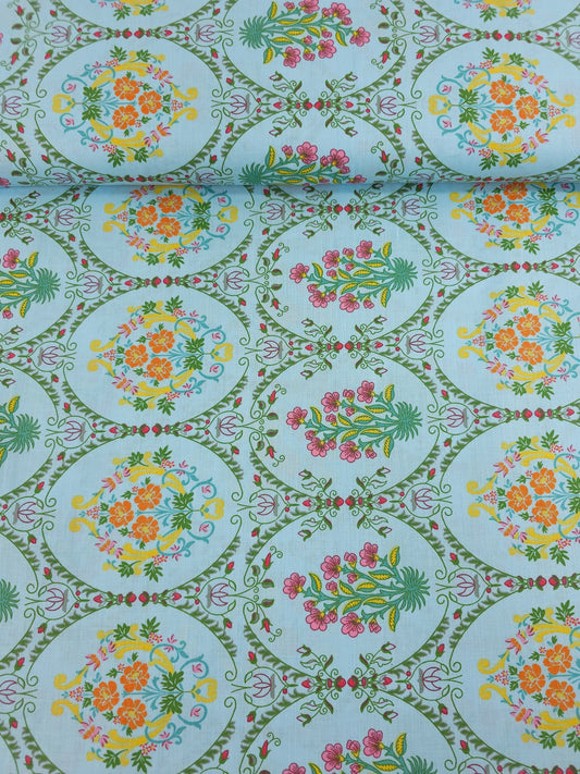 Light Blue Vintage Floral Opulence 100% Cotton 102" *EXTRA WIDE*