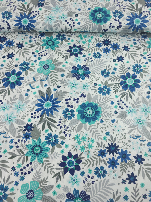 Teal/Grey Cottage Garden Floral 100% Cotton - Benartex