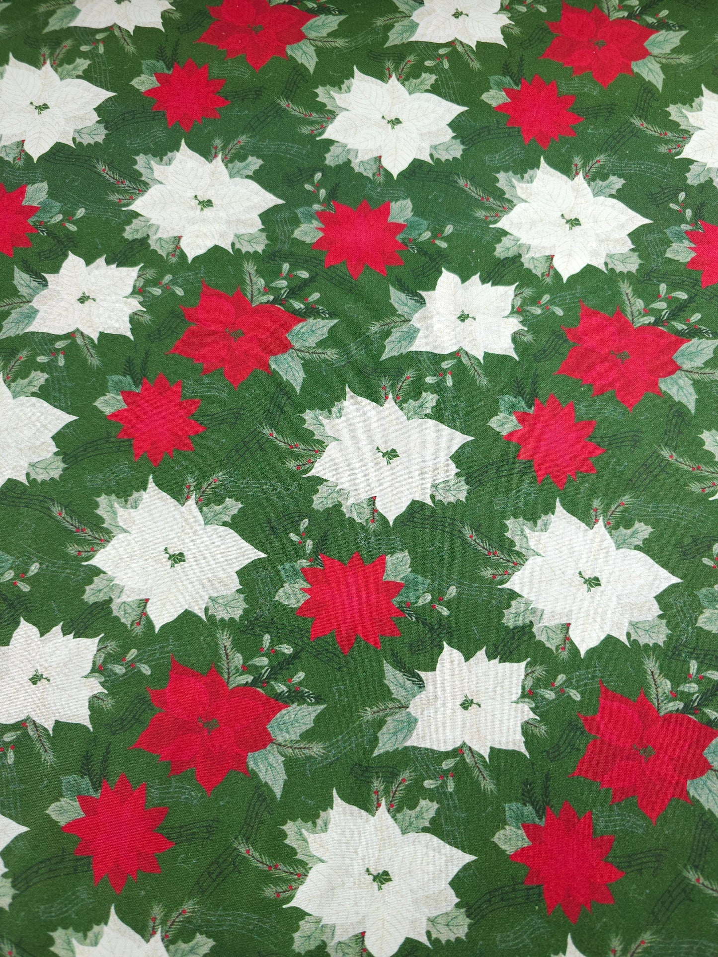 Red/White Musical Poinsettia Floral 100% Cotton