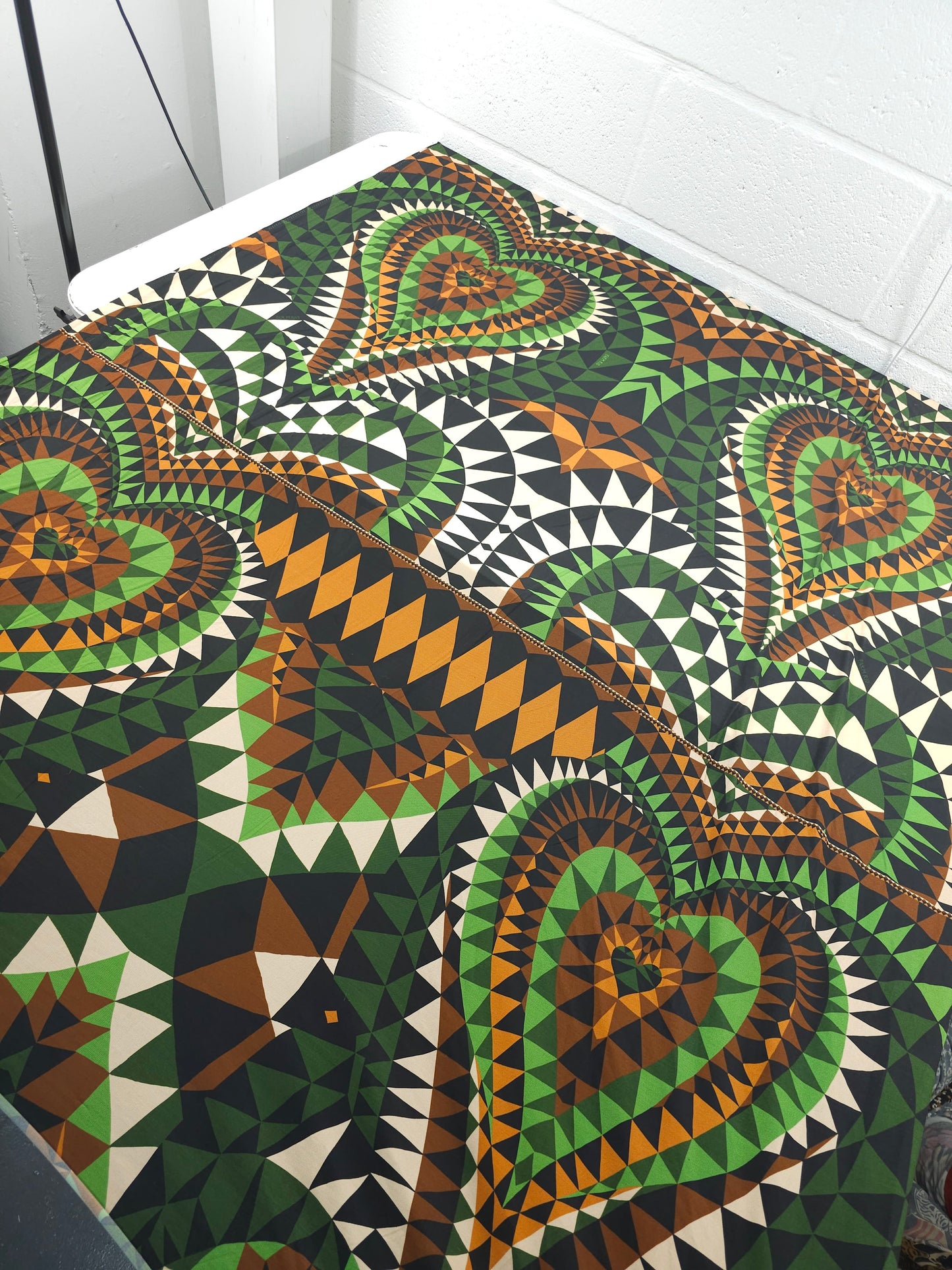 Green/Brown Geometric Twin Hearts Slinky Rayon Jersey - 1.85m Panel *FARM RIO*