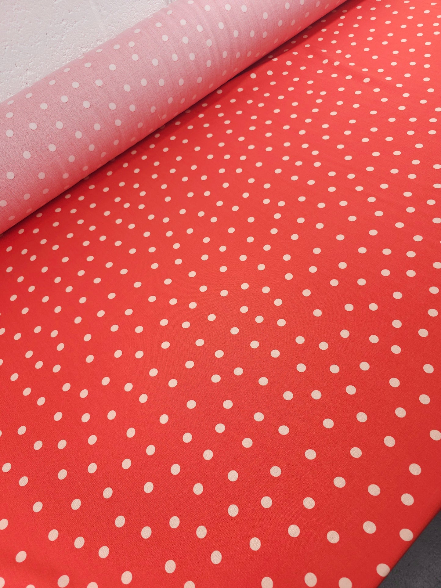 Orangey Coral/Cream Polka Dot Viscose Challis