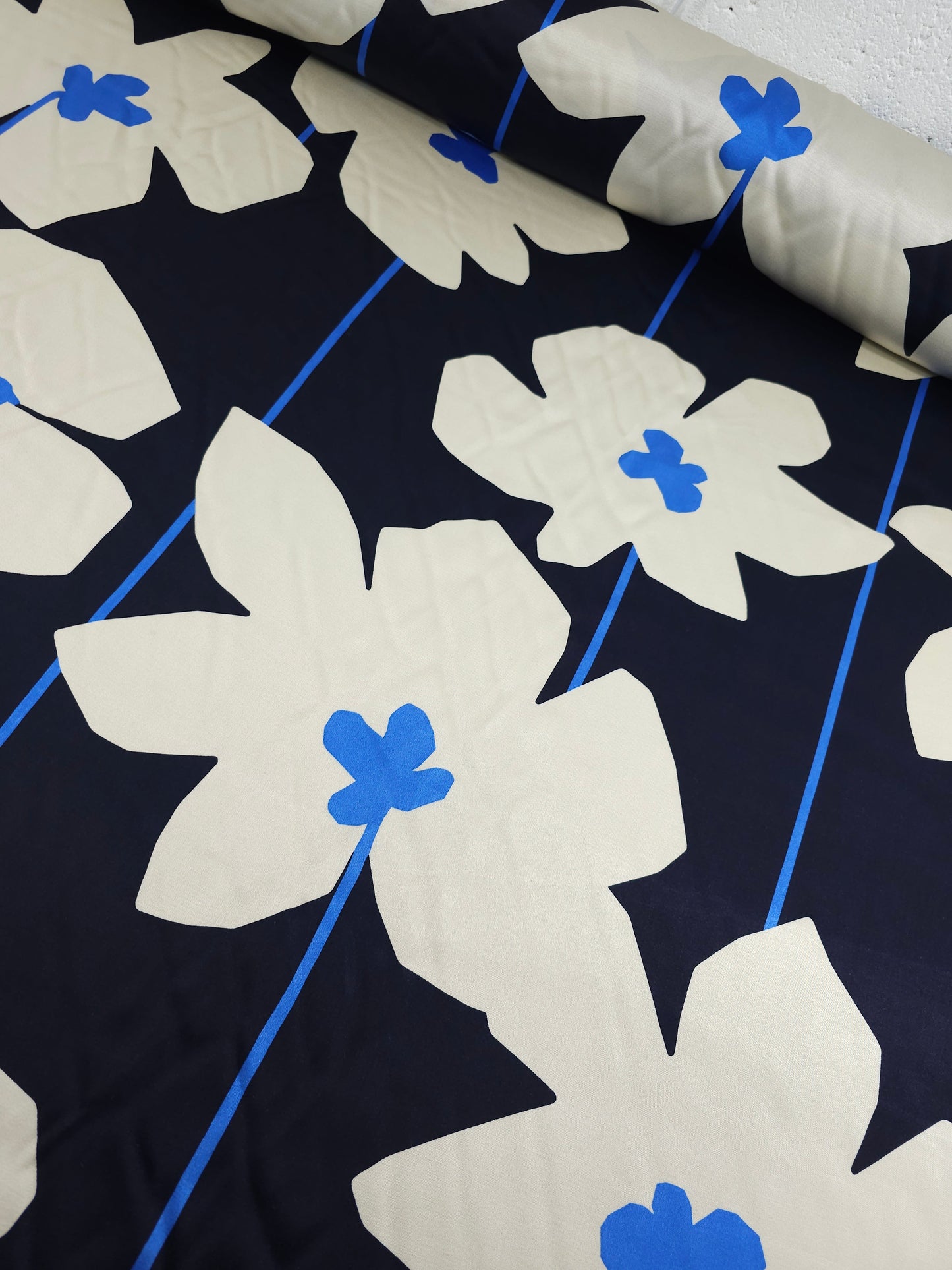 Navy Large Flower Stem Viscose Satin