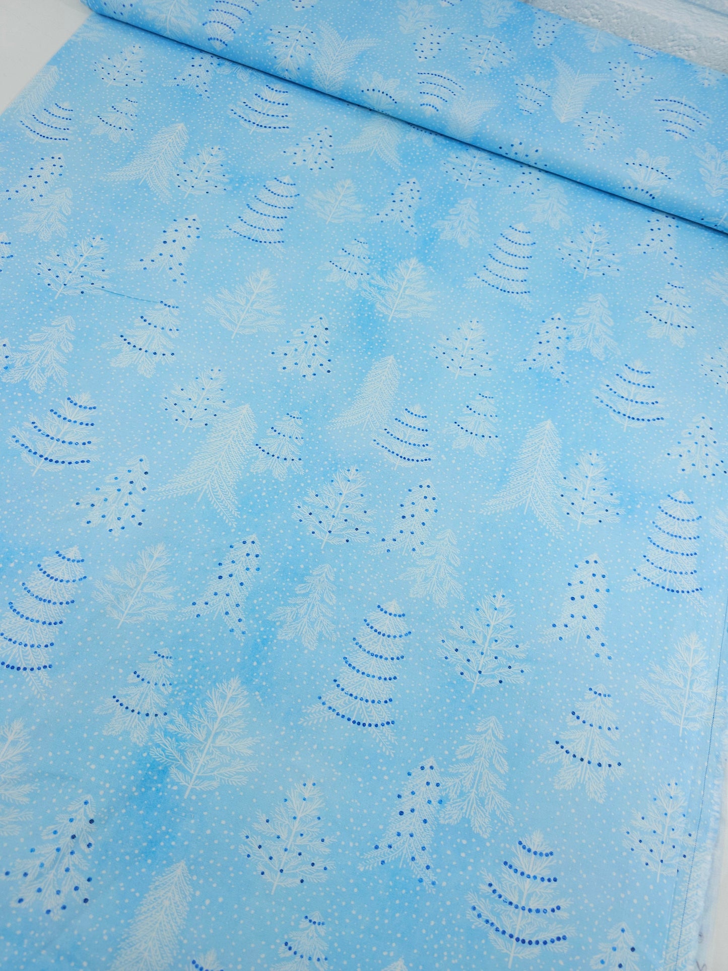 Light Blue Snowy Christmas Trees 100% Cotton - Robert Kaufman