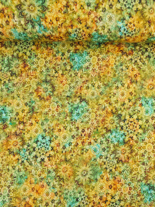 Marigold/Turquoise Dancing Dahlias Kaleidoscope 100% Cotton 108" *EXTRA WIDE*