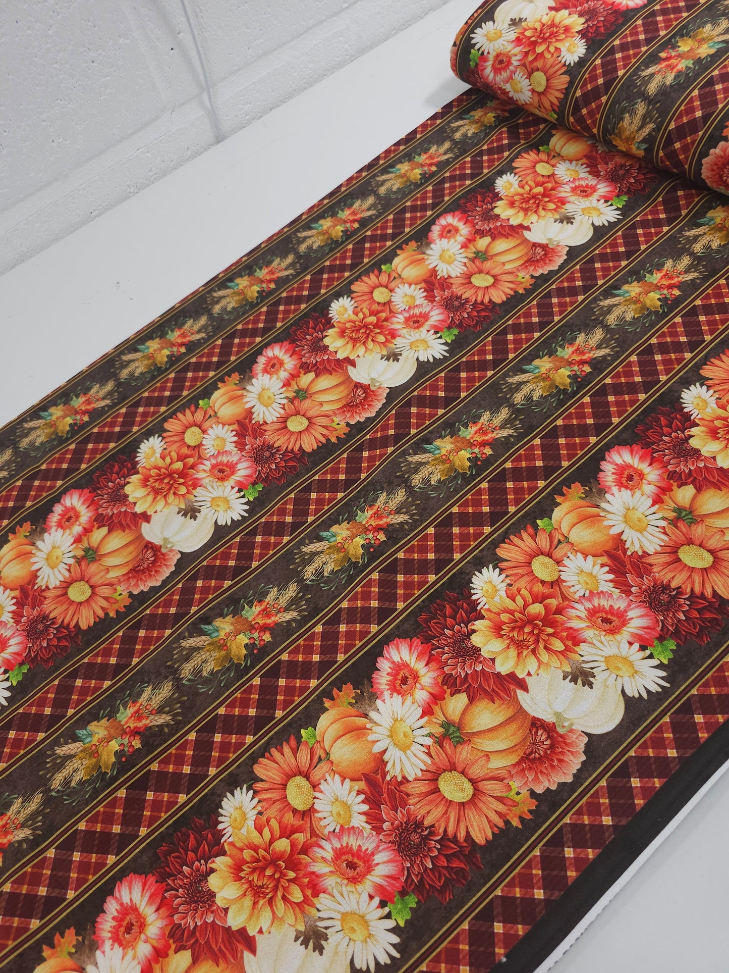 Pumpkin Floral Border Stripe 100% Cotton