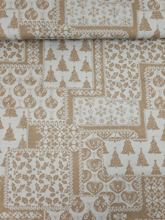 Tan Beige Christmas Patchwork Canvas Cotton
