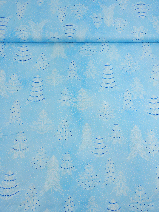 Light Blue Snowy Christmas Trees 100% Cotton - Robert Kaufman